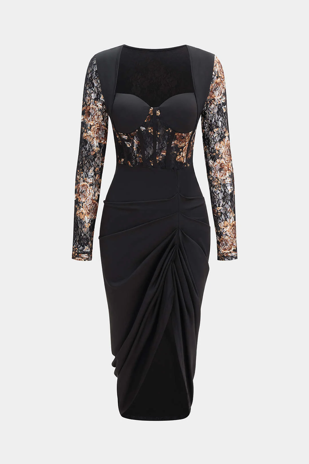 Floral Print Lace Patchwork Long Sleeve Midi Dress - Weenar