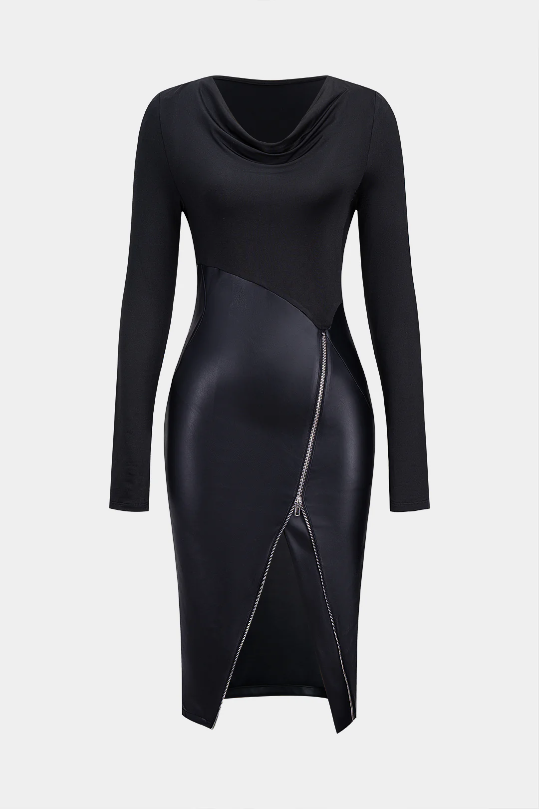 Faux Leather Cowl Neck Zipper Ruched Asymmetrical Long Sleeve Midi Dress - Weenar