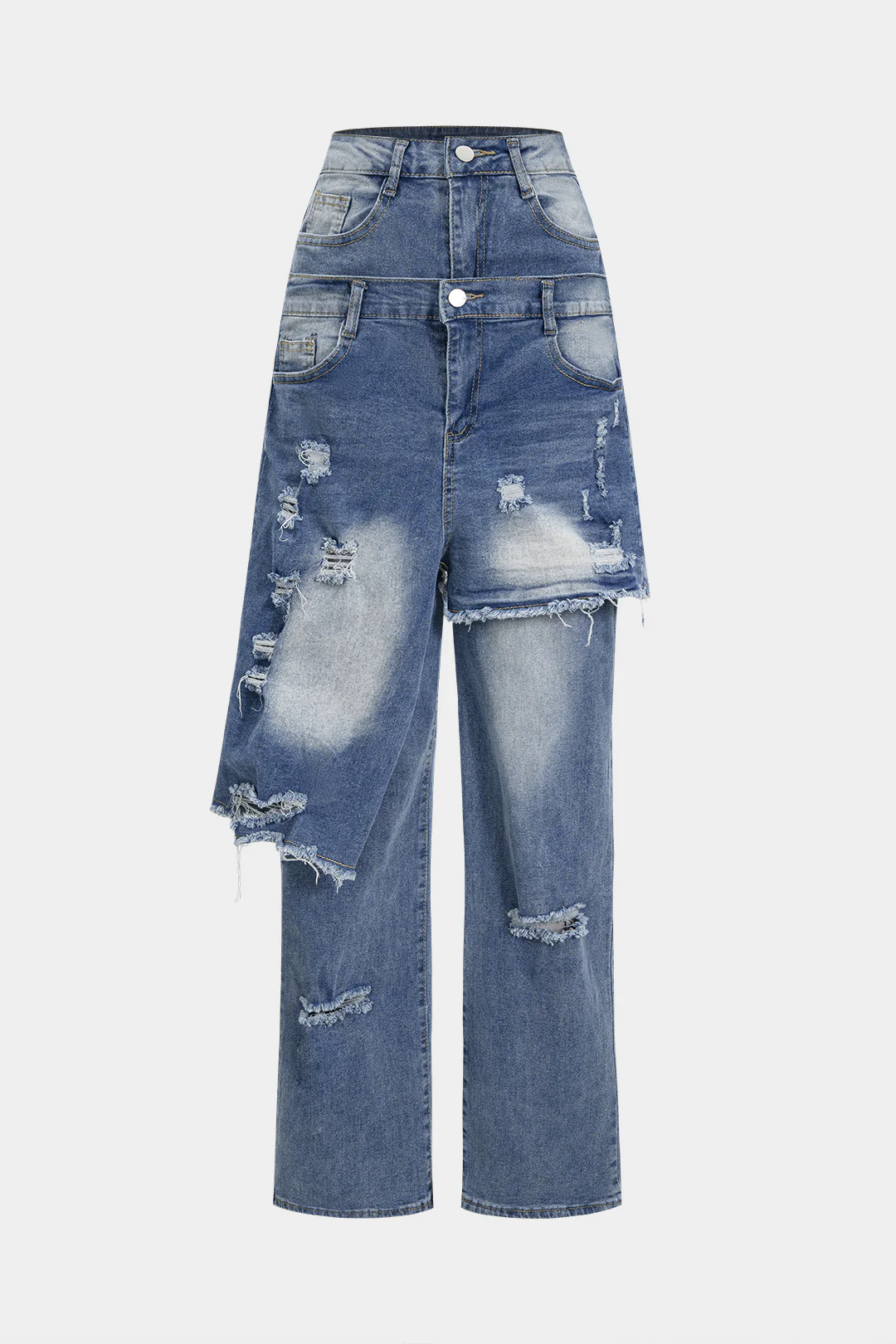 Denim Double Waistband Asymmetrical Ripped Straight Leg Jeans - Weenar