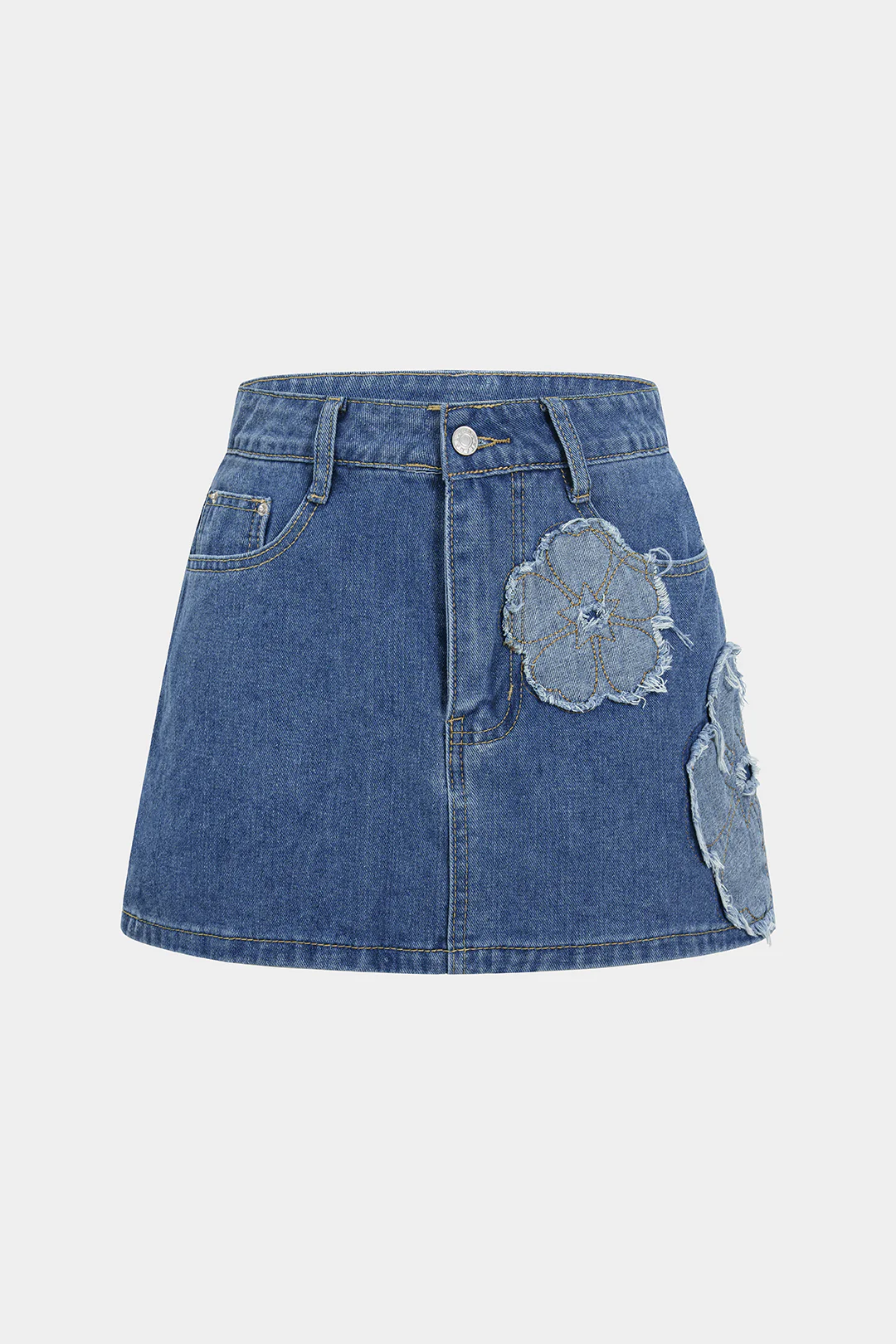 Denim Flower Applique Button Mini Skirt - Weenar