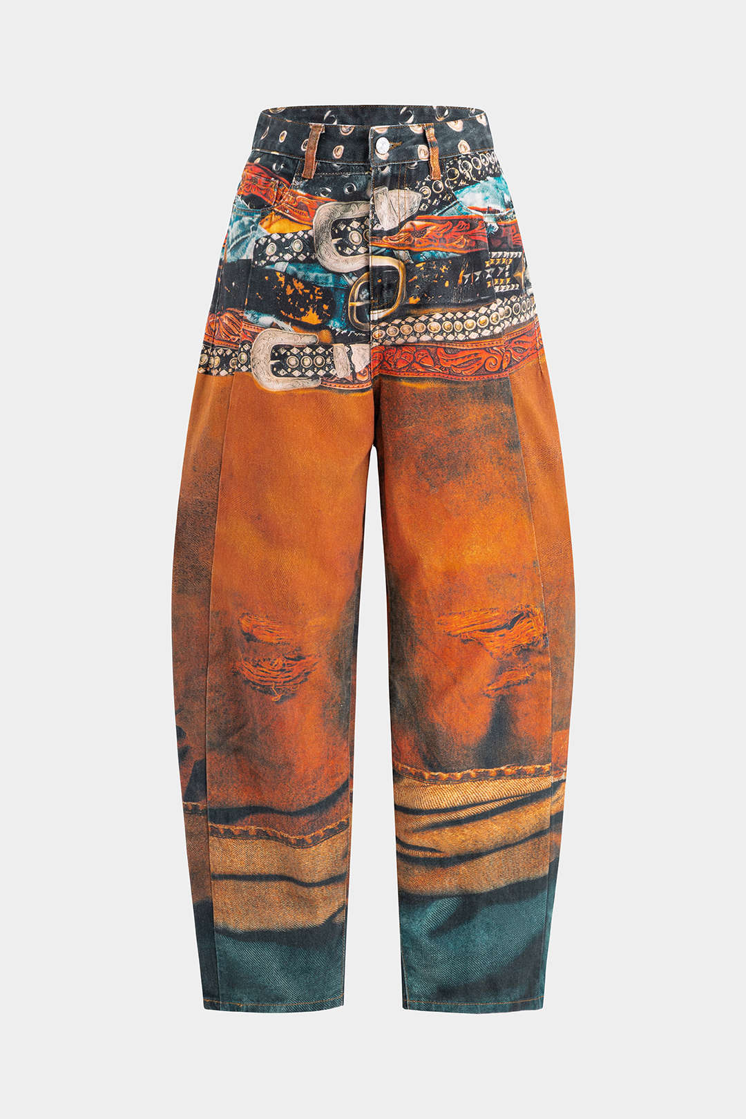 Retro Print Denim Barrel Jeans - Weenar