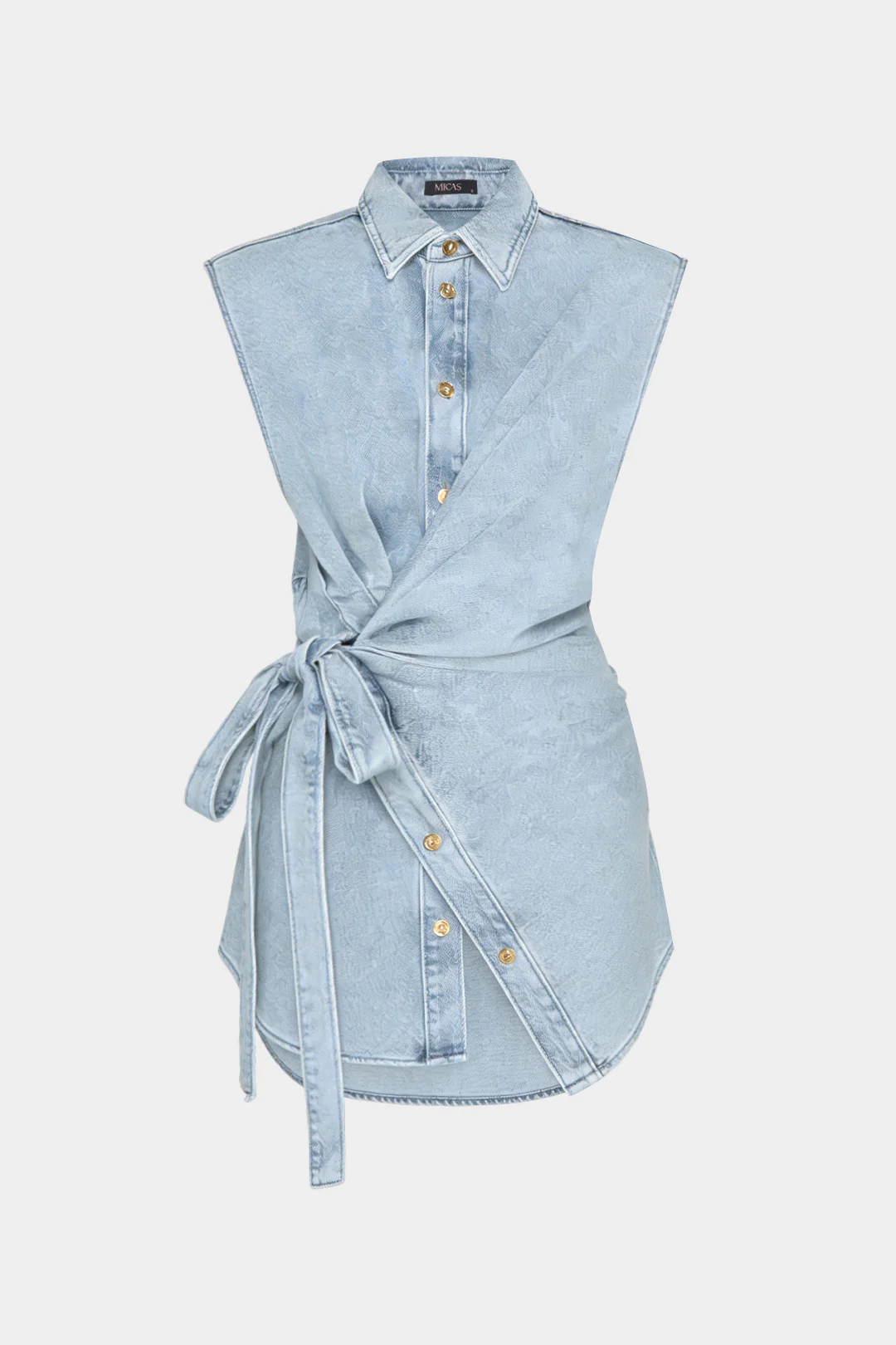 Denim Lapel Asymmetrical Tie-Up Sleeveless Shirt - Weenar