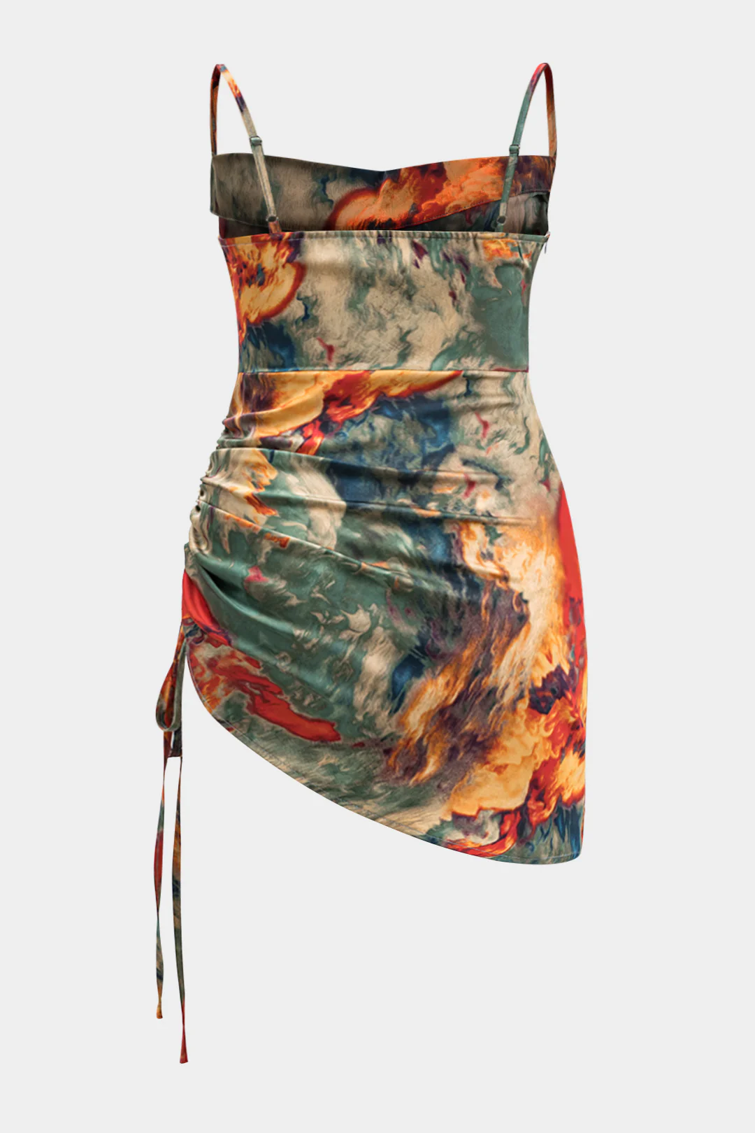 Plus Size Satin Watercolor Print Drawstring Ruched Slip Sleeveless Mini Dress - Weenar