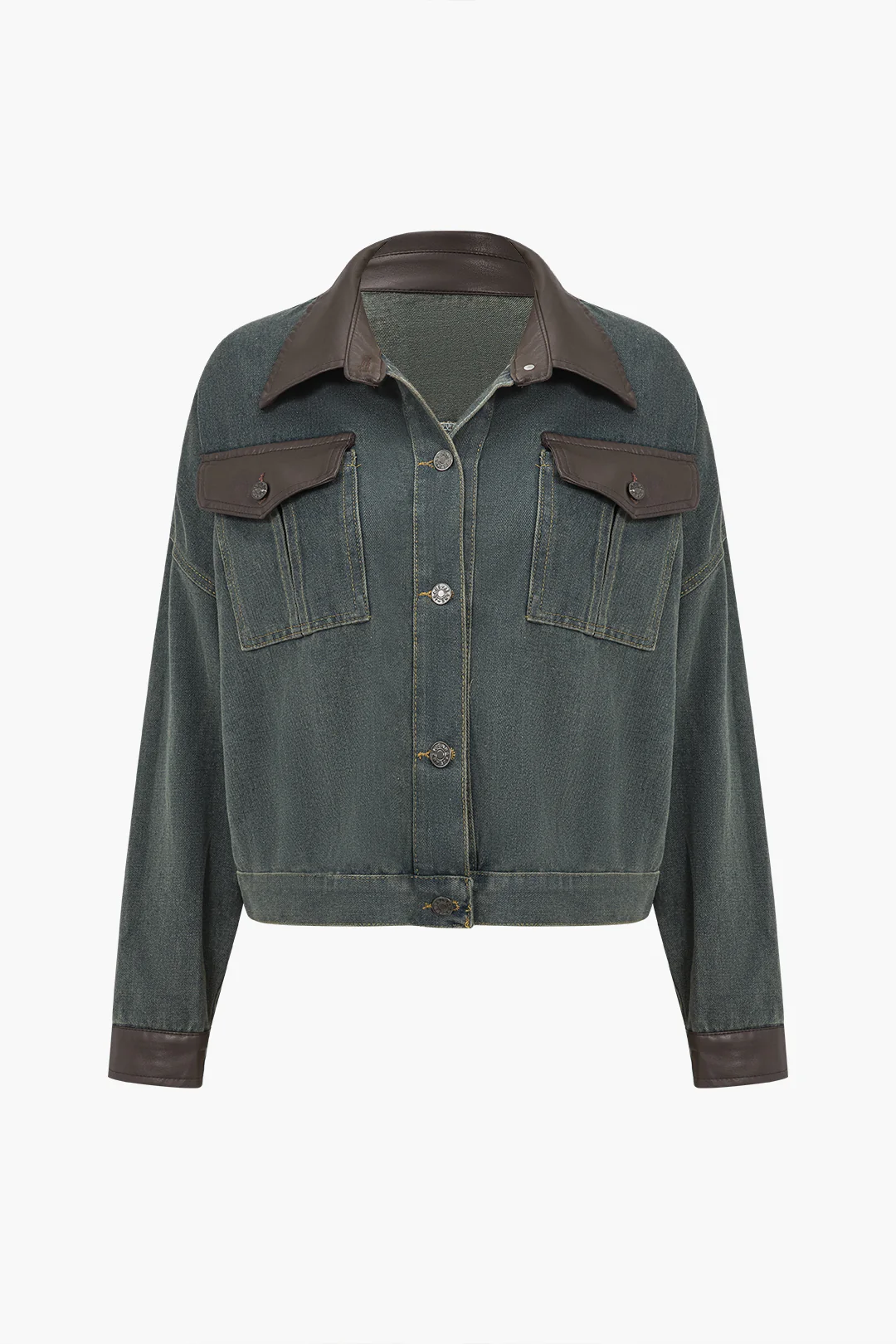 Denim Patchwork Faux Leather Pocket Outerwear - Weenar