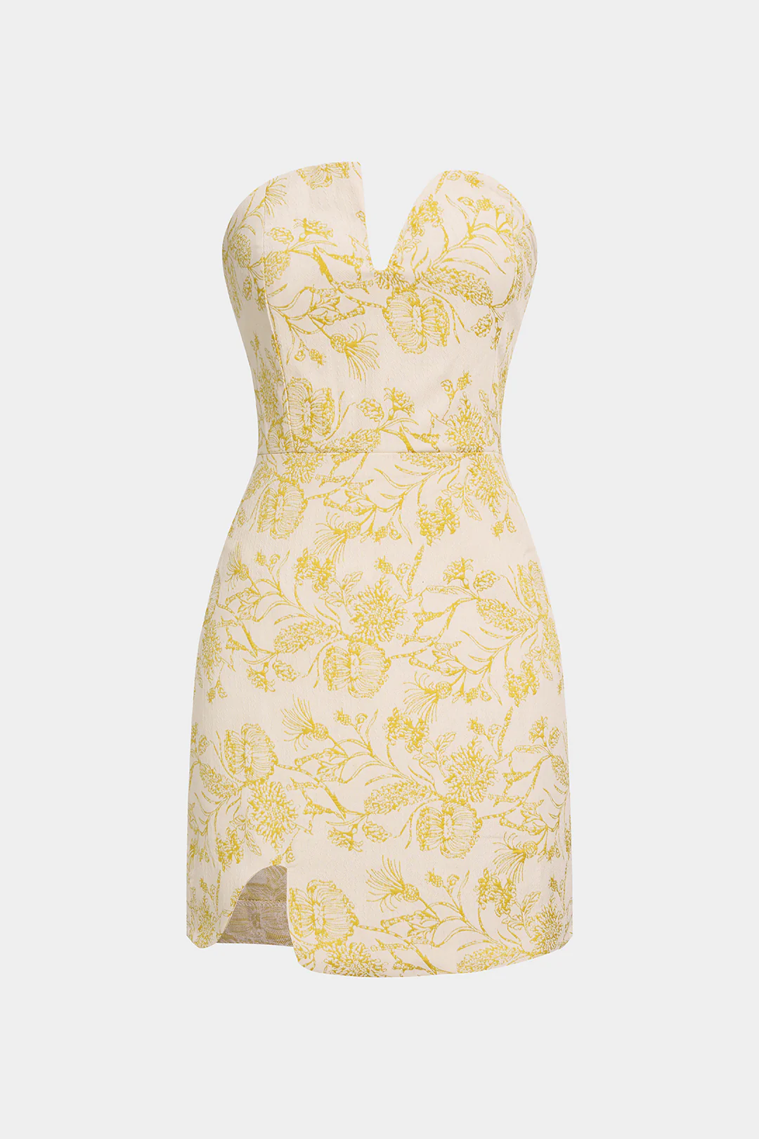 Floral Textured Asymmetrical Zipper Strapless Sleeveless Mini Dress - Weenar