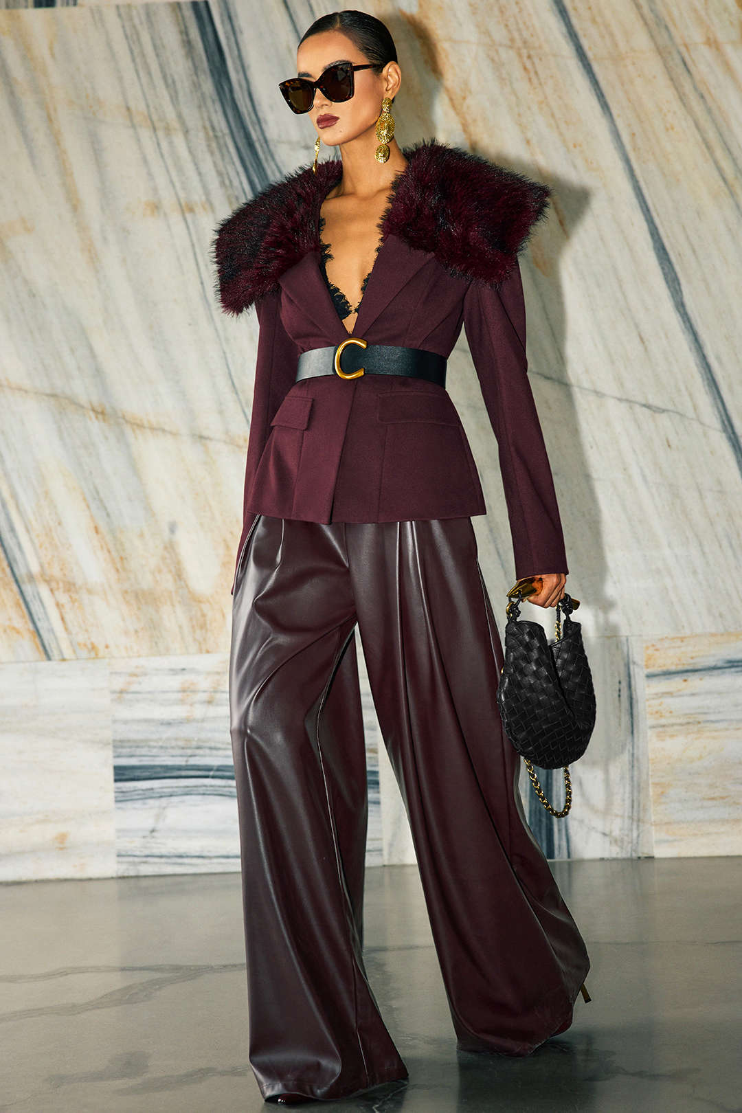 Faux Leather Ruched Wide Leg Pants - Weenar