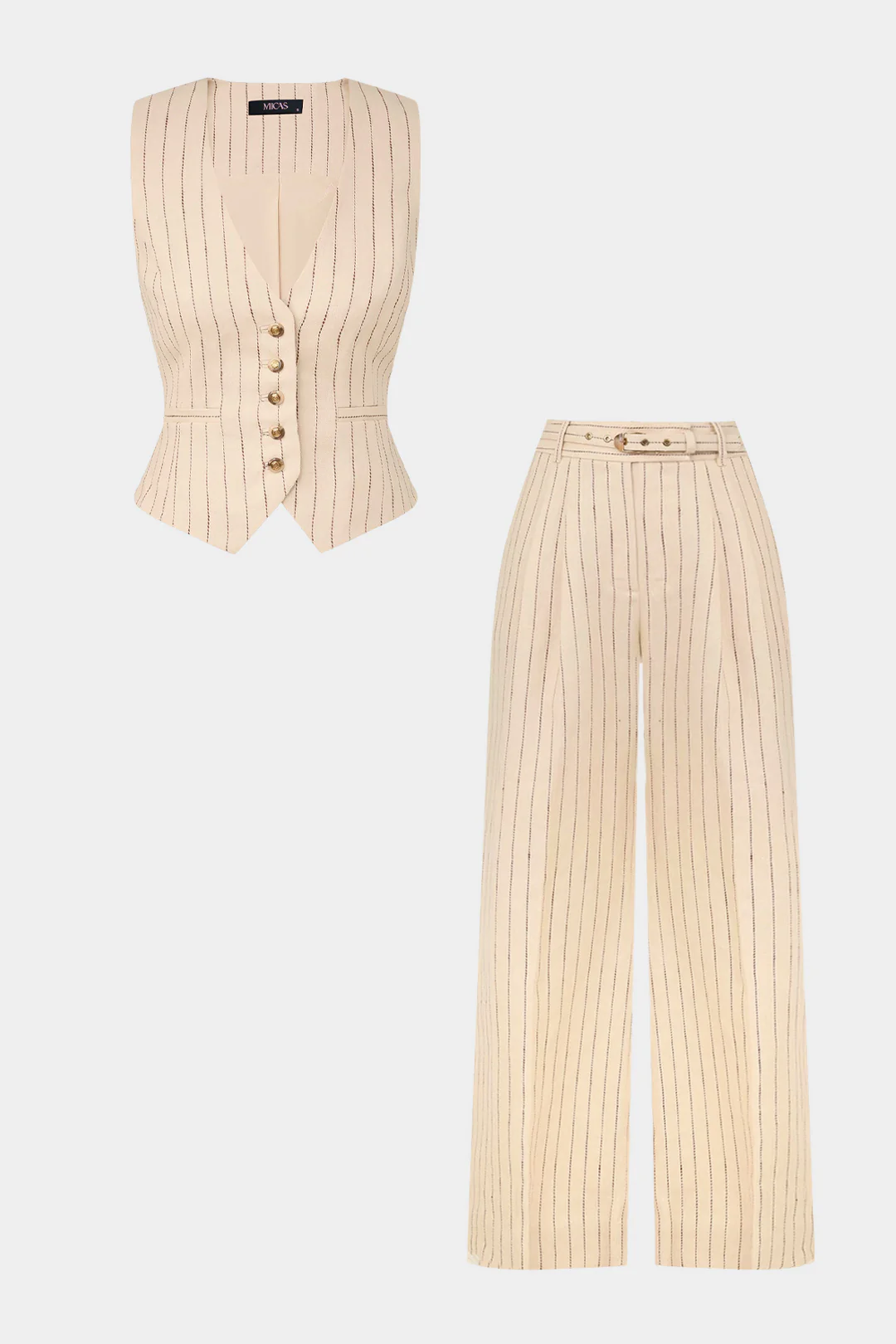 Stripes Print Linen Patchwork V-Neck Button Vest And Belted Wide Leg Pants Set - Weenar