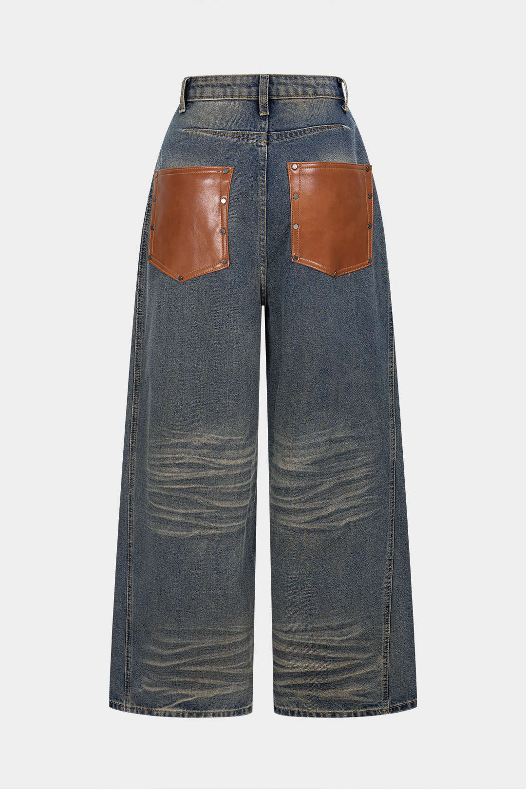 Denim Patchwork Faux Leather Wide Leg Jeans - Weenar