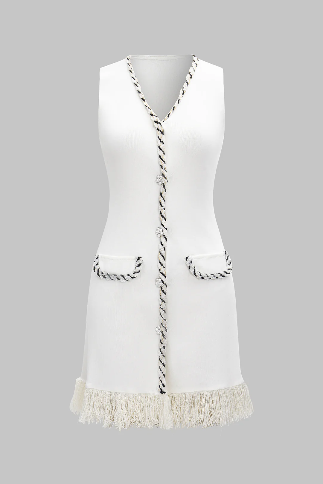 Knitted V-Neck Tank Fringe Sleeveless Dress - Weenar