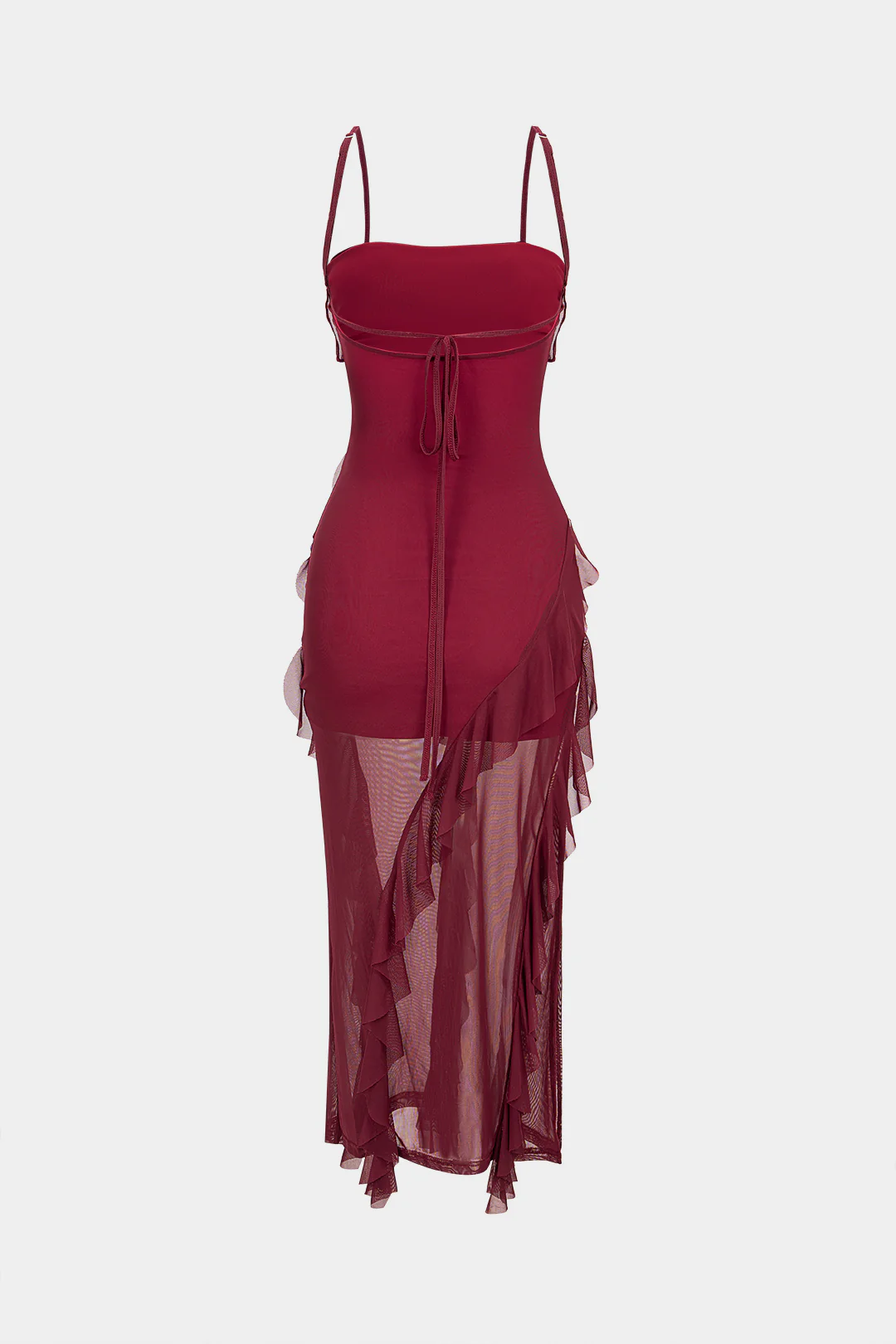 Mesh Patchwork Asymmetrical Ruffle Tie Back Sleeveless Maxi Dress - Weenar