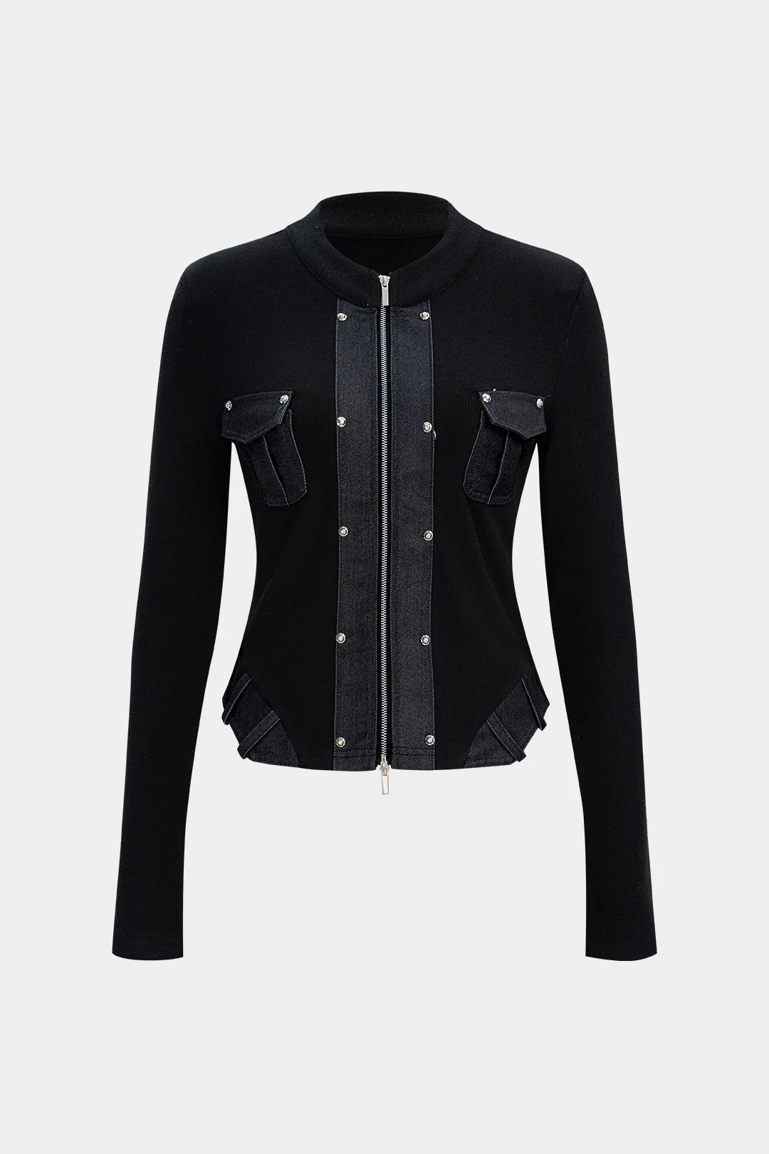 Patchwork Zipper Pocket Long-Sleeve Top - Weenar