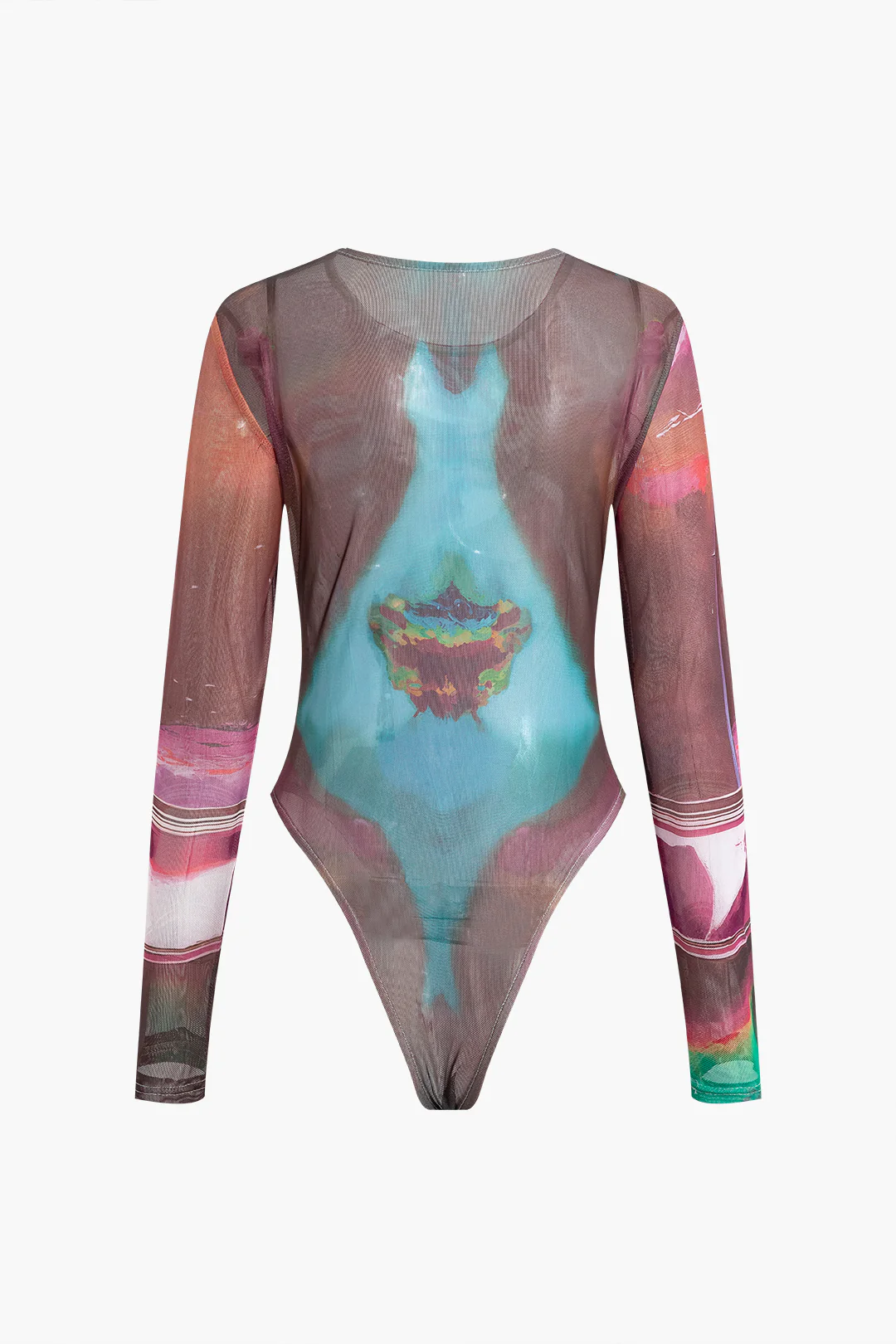 Mesh Abstract Print Round Neck Long Sleeve Bodysuit - Weenar