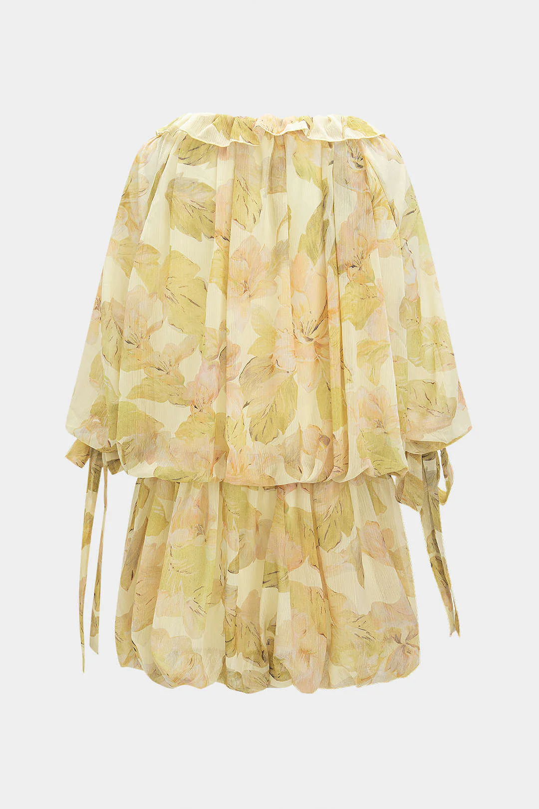 Mesh Floral Print Off Shoulder Ruffle Long-Sleeve Mini Dress - Weenar