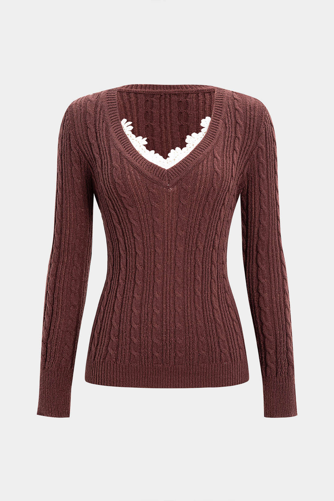 Cable Knit Lace Patchwork V-Neck Long Sleeve Top - Weenar
