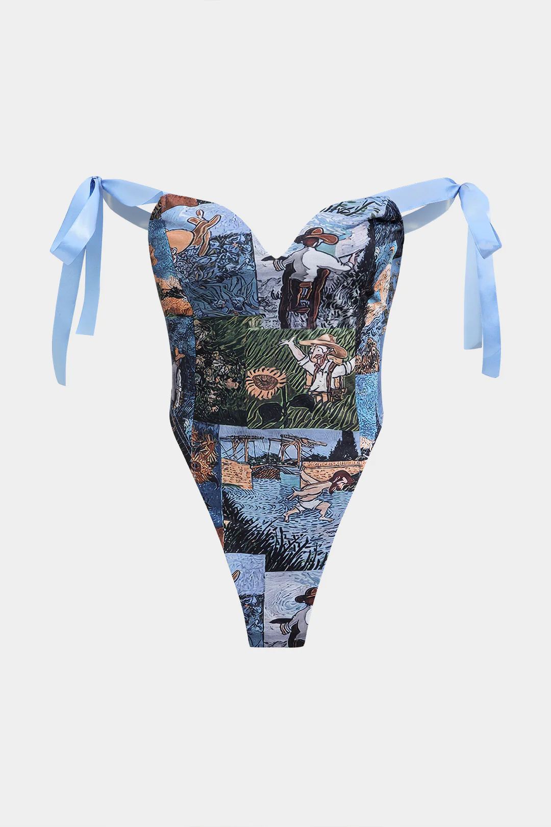Oil Painting Pattern Drawstring Strappy Top And Pocket Trousers Set - Weenar