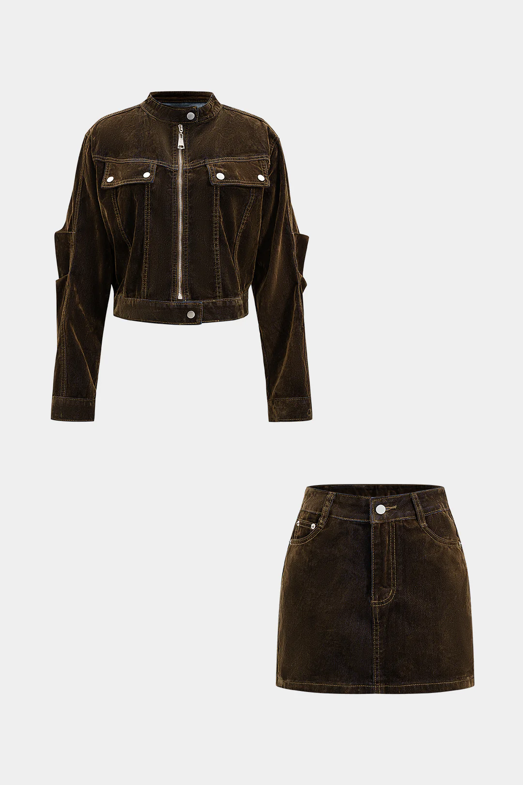 Denim Zipper Long-Sleeve Cropped Jacket And Mini Skirt Suit - Weenar