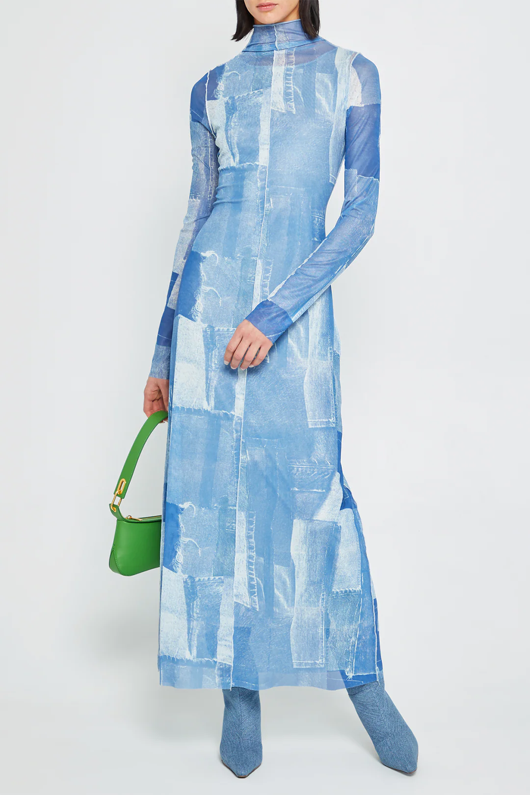 Contrast Denim Print  High Collar Long Sleeve Maxi Dress - Weenar