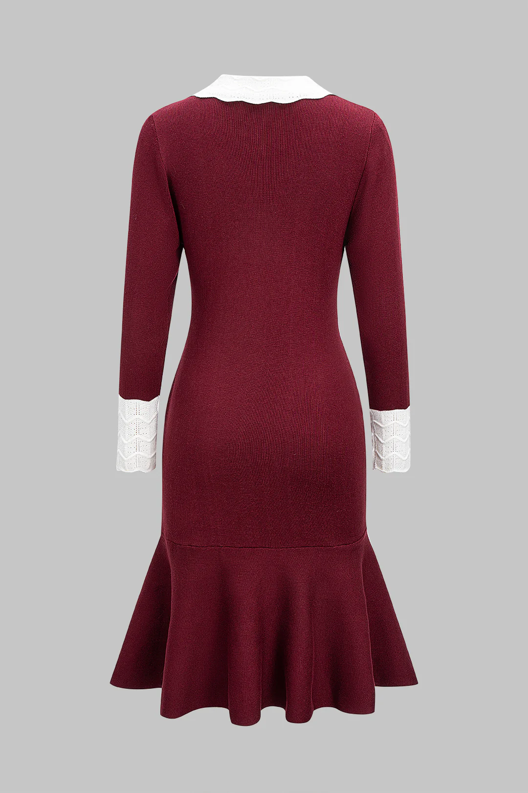 Knit Button Ruffle Hem Long Sleeve Dress - Weenar