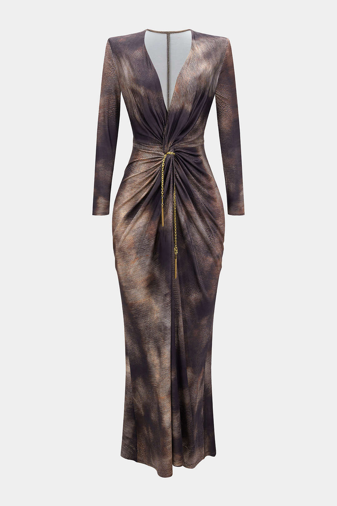 Snake Skin Print Mesh Ruched Fringe Trim V-Neck Long Sleeve Maxi Dress - Weenar