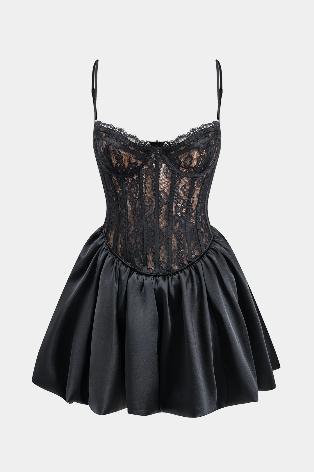 Satin Lace Tie Up puff Hem  Long Sleeve Mini Dress - Weenar