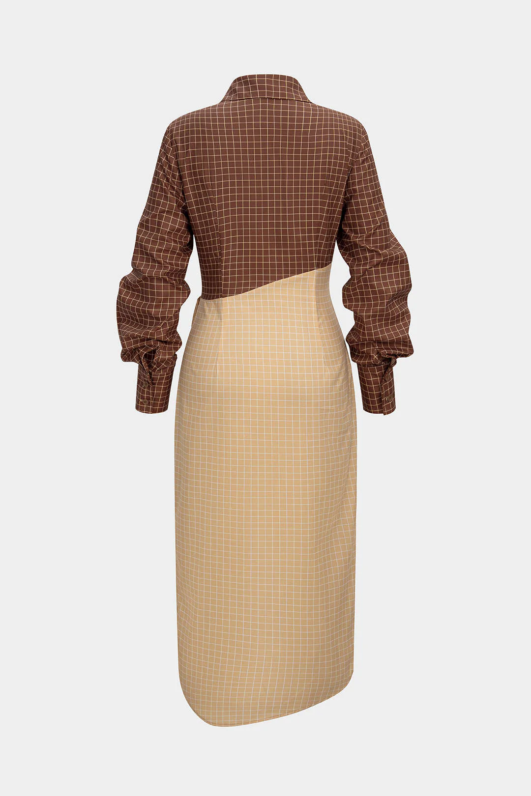 Plaid Print Contrast Asymmetrical Ruched Long Sleeve Midi Dress - Weenar