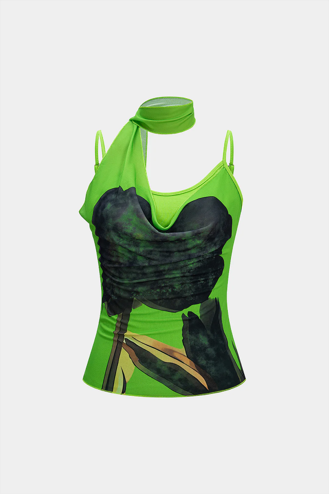 Artistic Print Draped Cowl Neck Asymmetrical Cami Top - Weenar