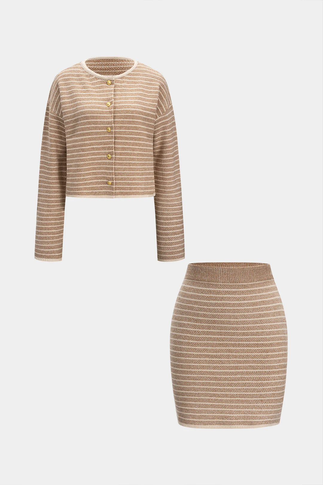 Knit Stripes Print Button Long-Sleeve Top And Mini Skirt Set - Weenar