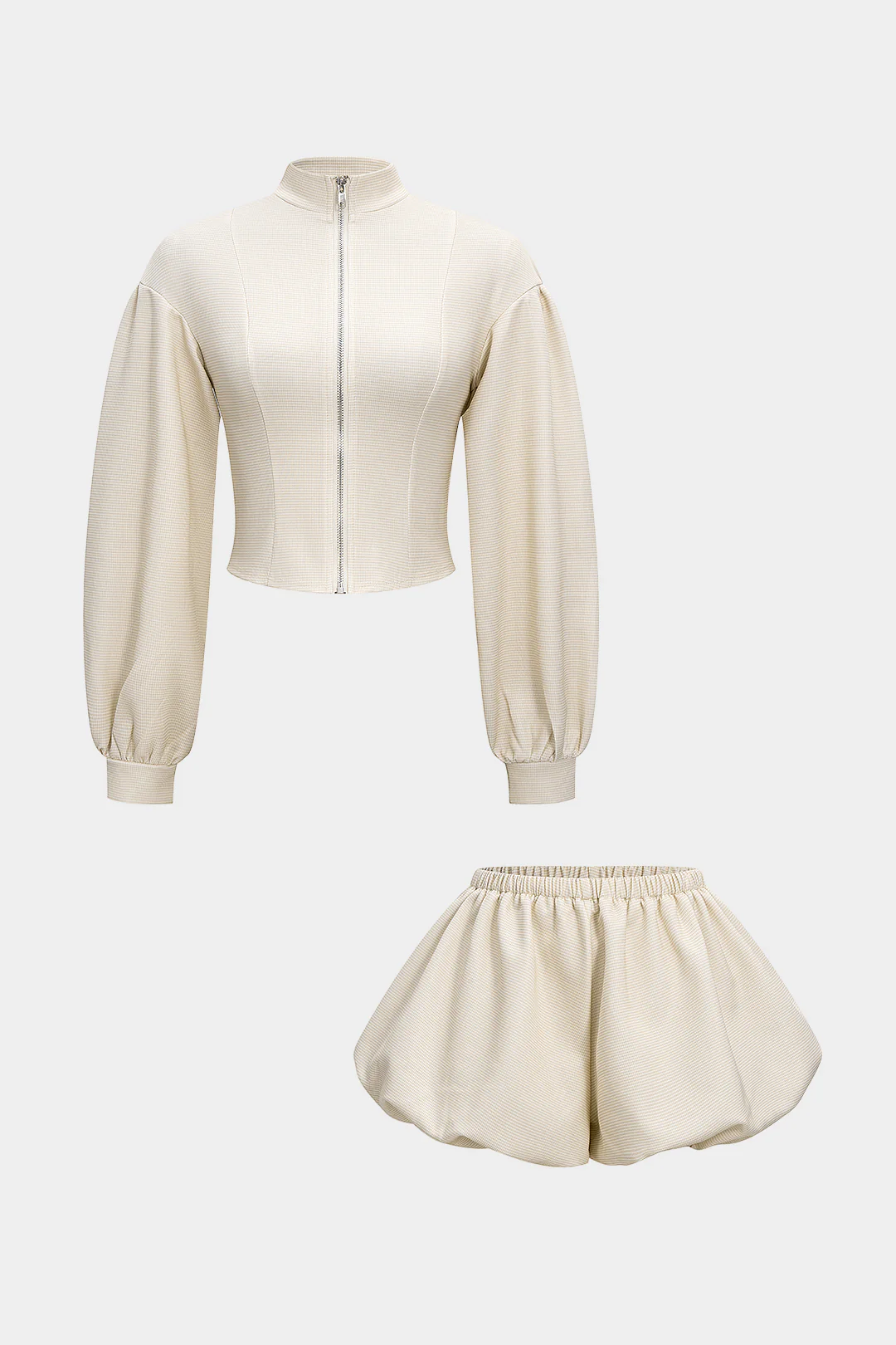 Plaid Print Zipper Ruched Long-Sleeve Cardigan And Puff Shorts Set - Weenar