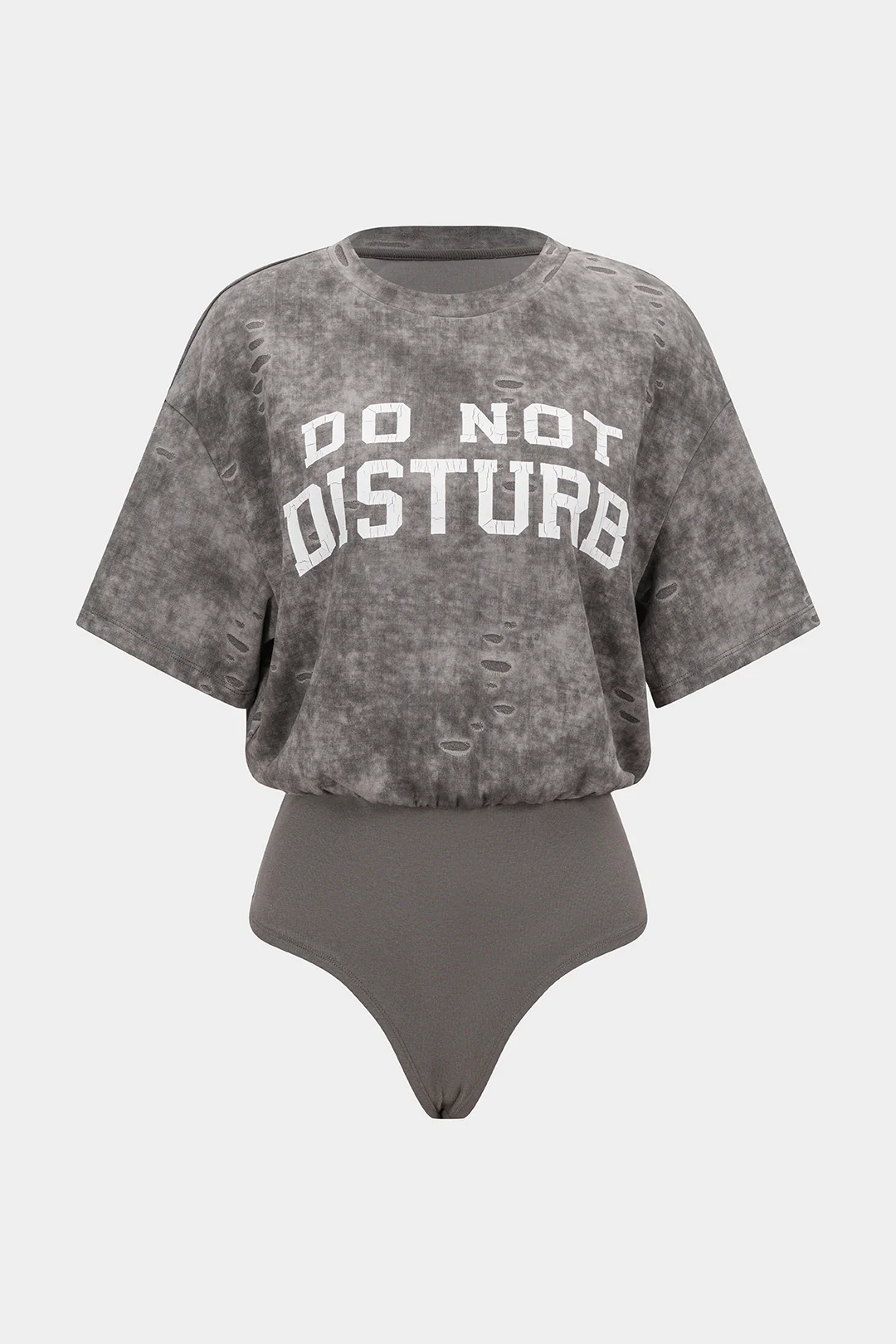 Letter Print Round Neck Ruched Short Sleeve Bodysuit - Weenar