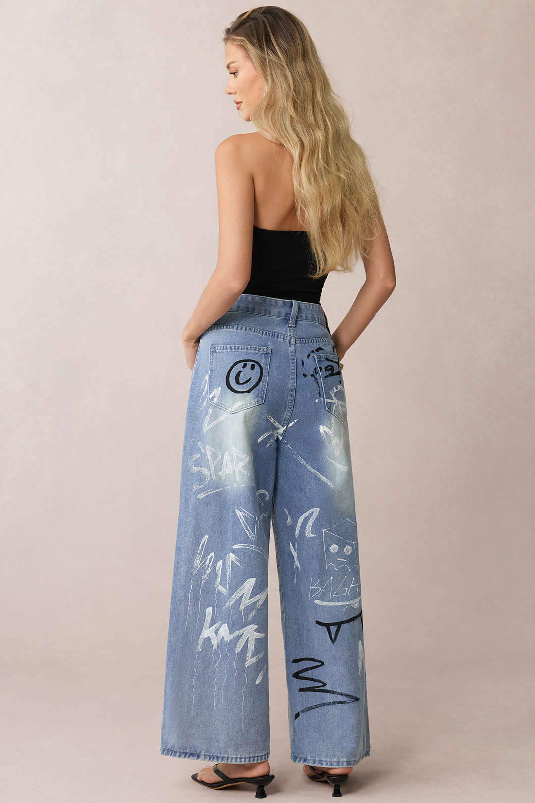 Denim Graffiti Print Zipper Straight Leg Jeans - Weenar