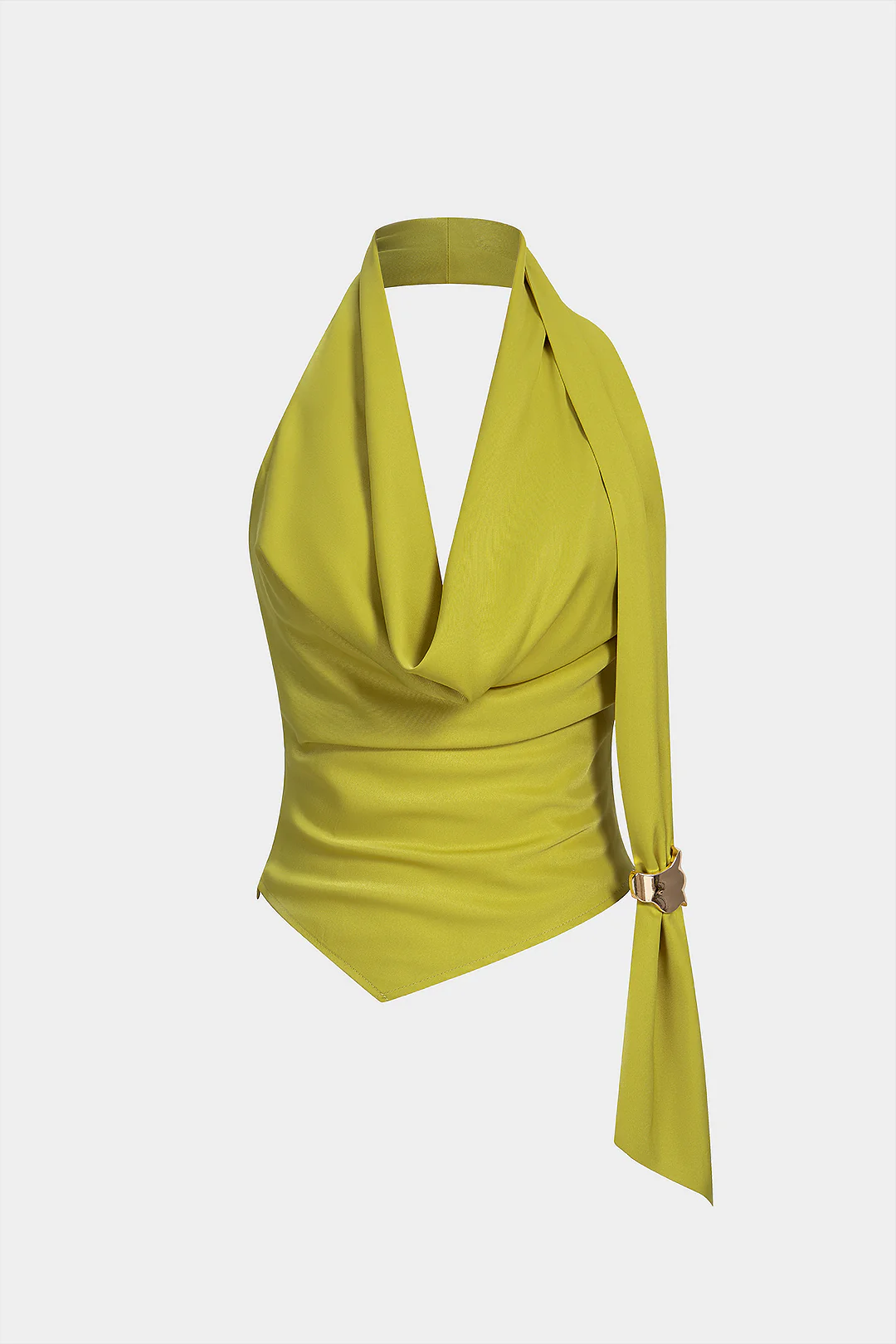 Halter Draped Cowl Neck Ruched Backless Asymmetrical Tank Top - Weenar