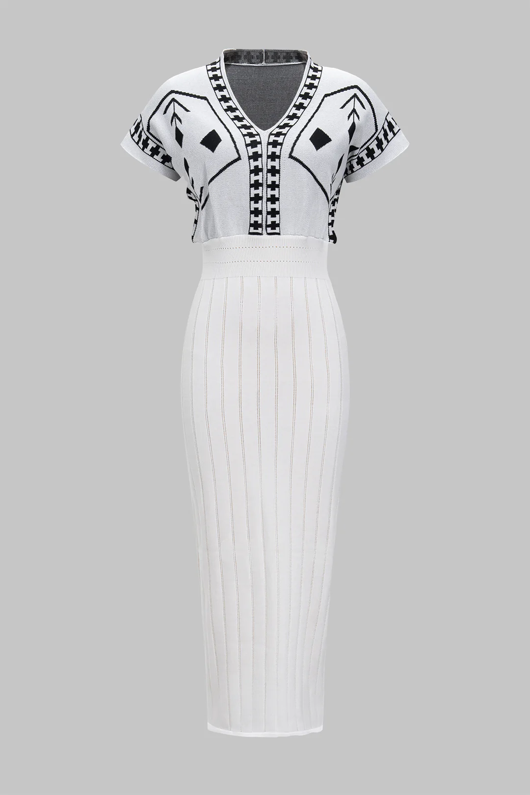 Knit Jacquard V-Neck Short-Sleeve Dress - Weenar
