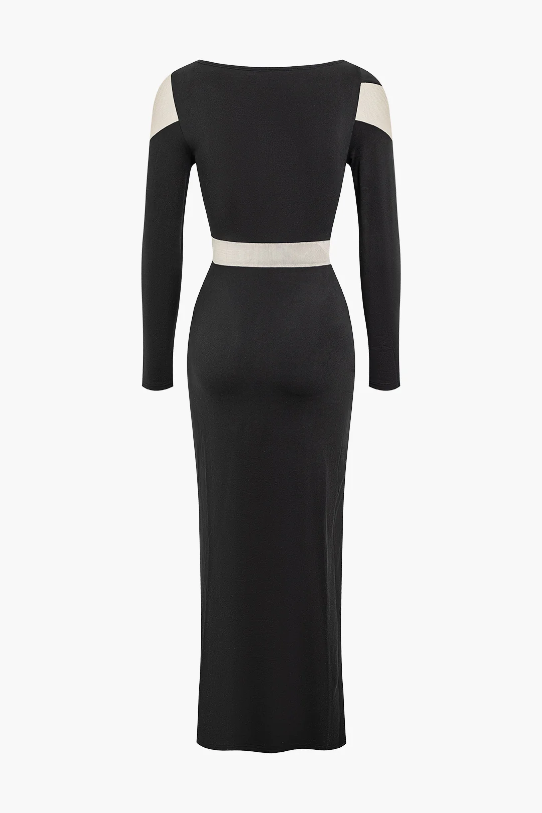 Mesh Contrast Round Neck Long Sleeve Maxi Dress - Weenar