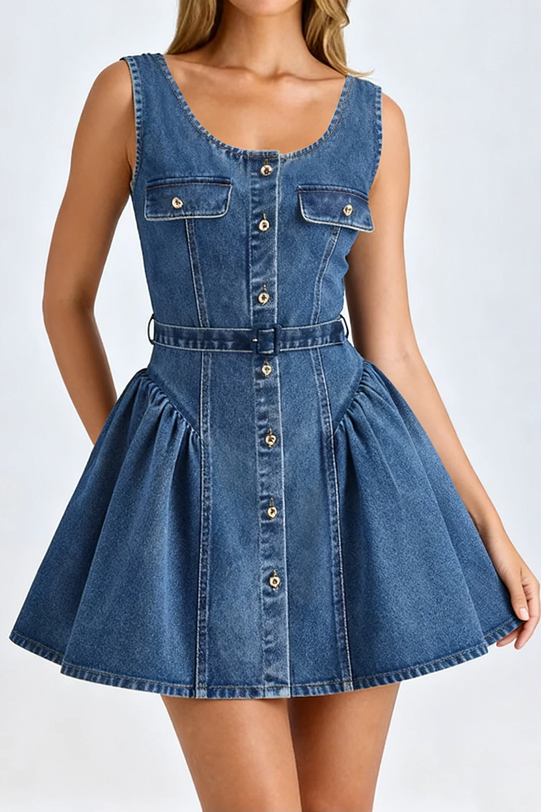 Denim Metallic Button Ruched Square Neck Sleeveless Dress - Weenar