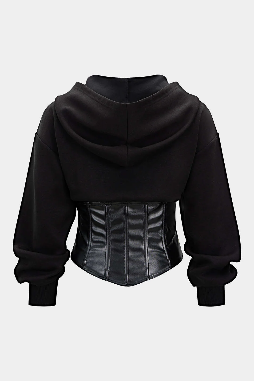 Faux Leather Patchwork Zipper Hoodie - Weenar