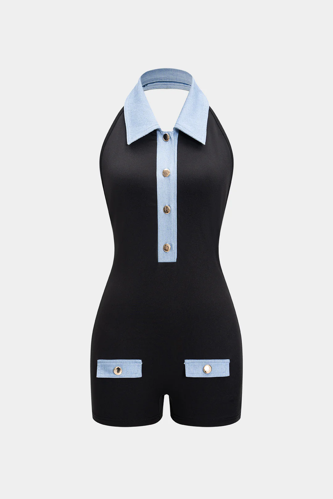 Patchwork Metallic Button Sleeveless Romper - Weenar
