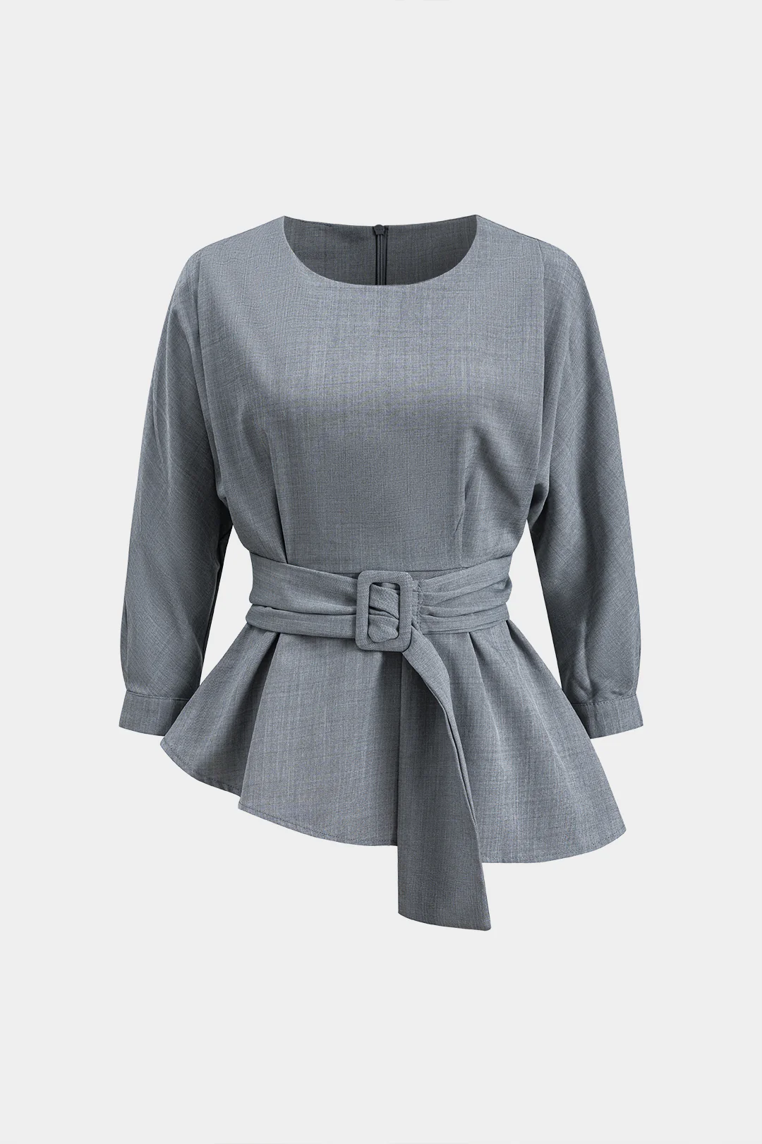 Round Neck Ruched Belted Long-Sleeve Shirt - Weenar