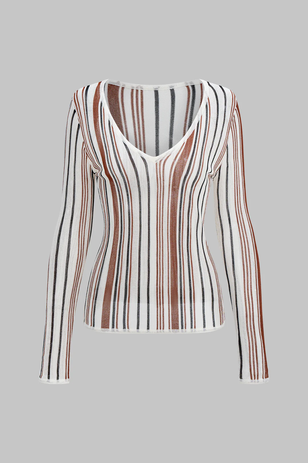 Knit Stripes Print V-Neck Long-Sleeve Top - Weenar