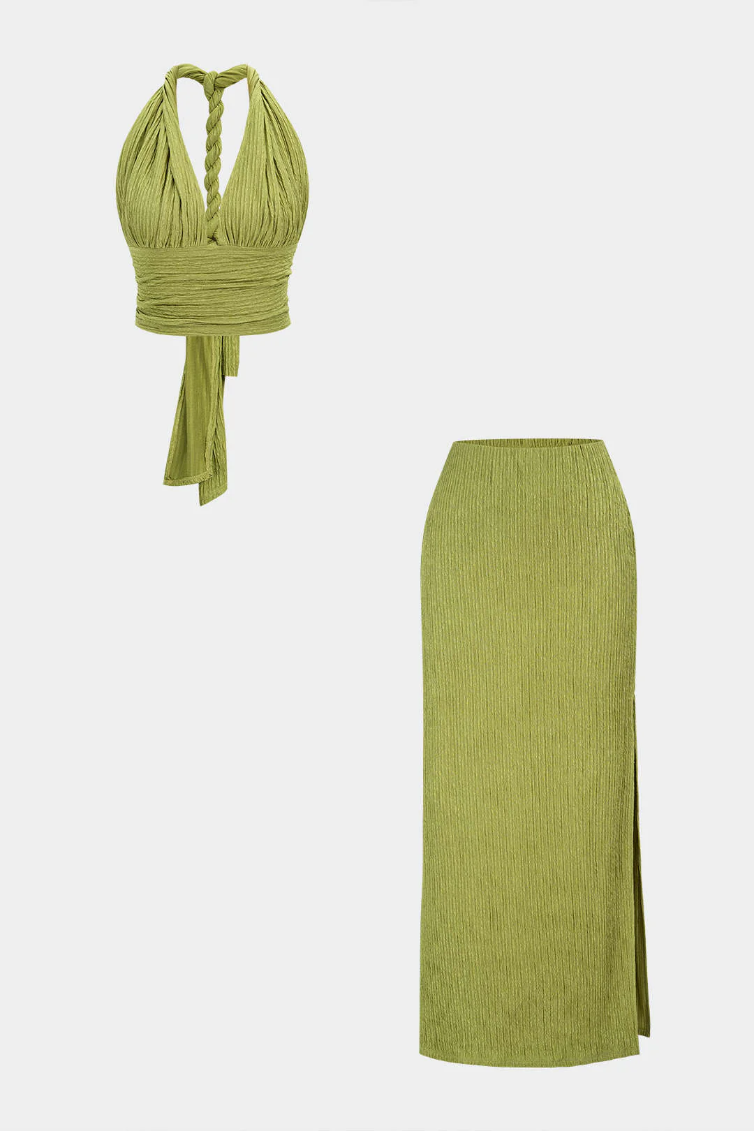 Twist Knot V-Neck Backless Sleeveless Top And Split Skirt Set - Weenar