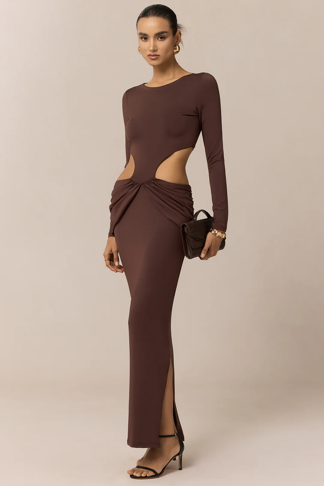 Ruched Round Neck Cut Out Long Sleeve Maxi Dress - Weenar