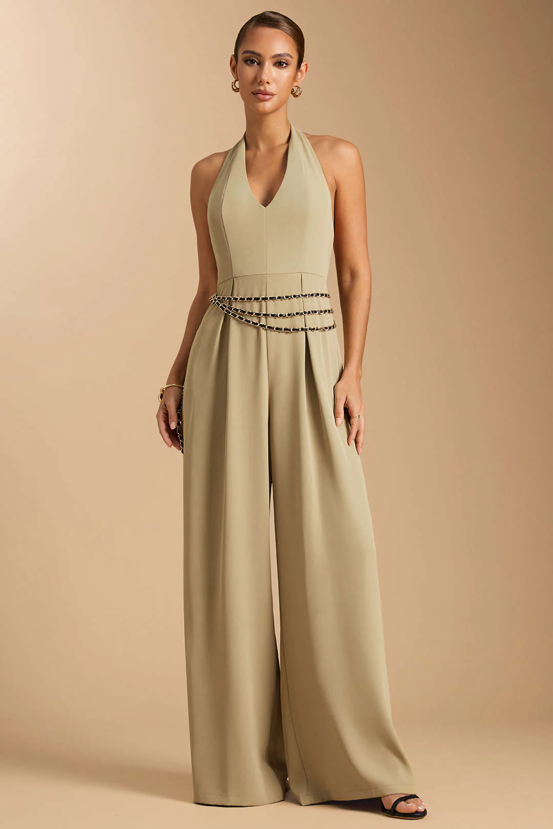 Halter Neck Zipper Tie-Up Chain Backless Sleeveless Jumpsuit - Weenar