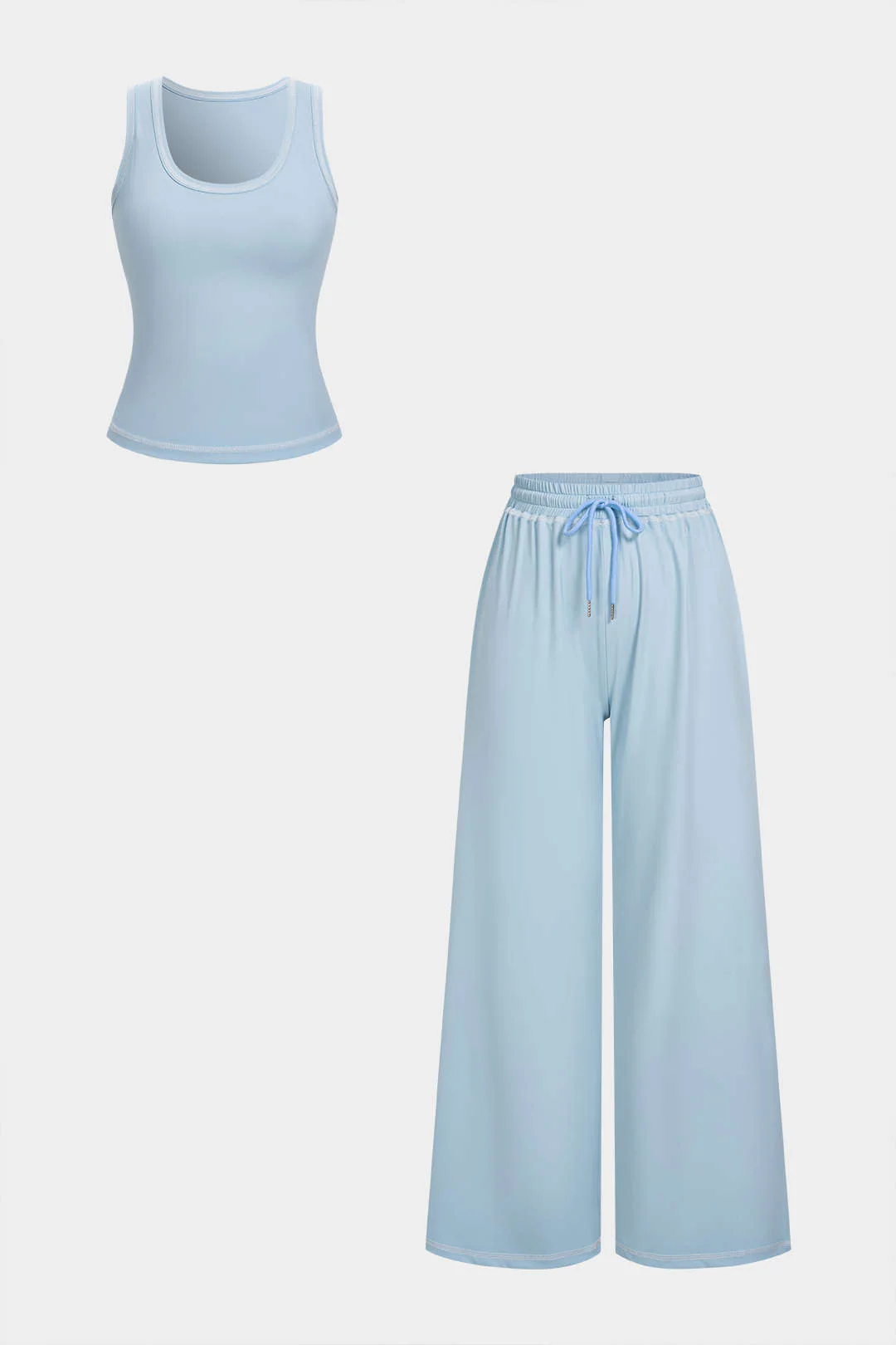 Solid U-Neck Tank Top And Wide Leg Pants Set - Weenar