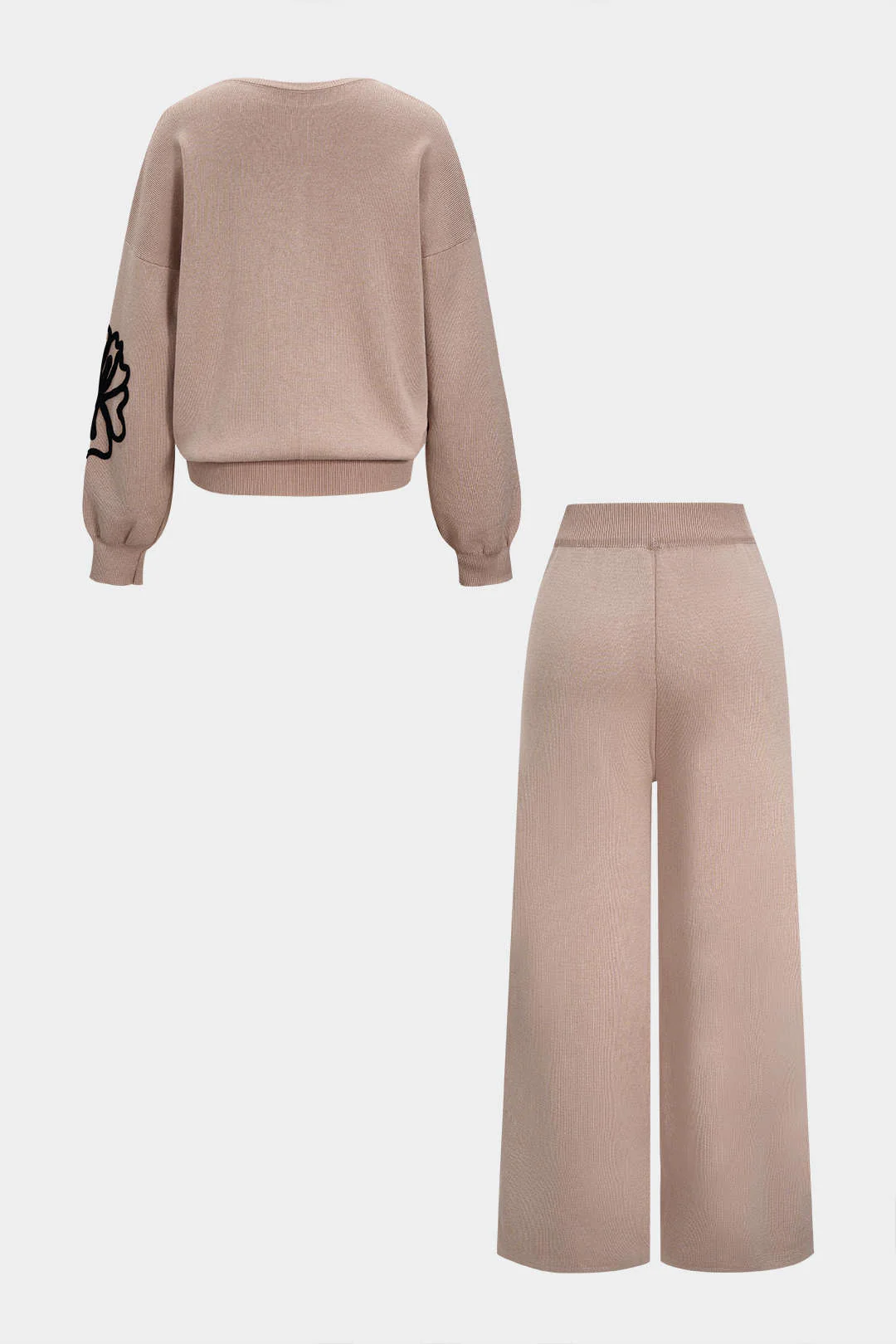 Knit Round Neck Embroidery Long-Sleeve Top And Wide Leg Pants Set - Weenar