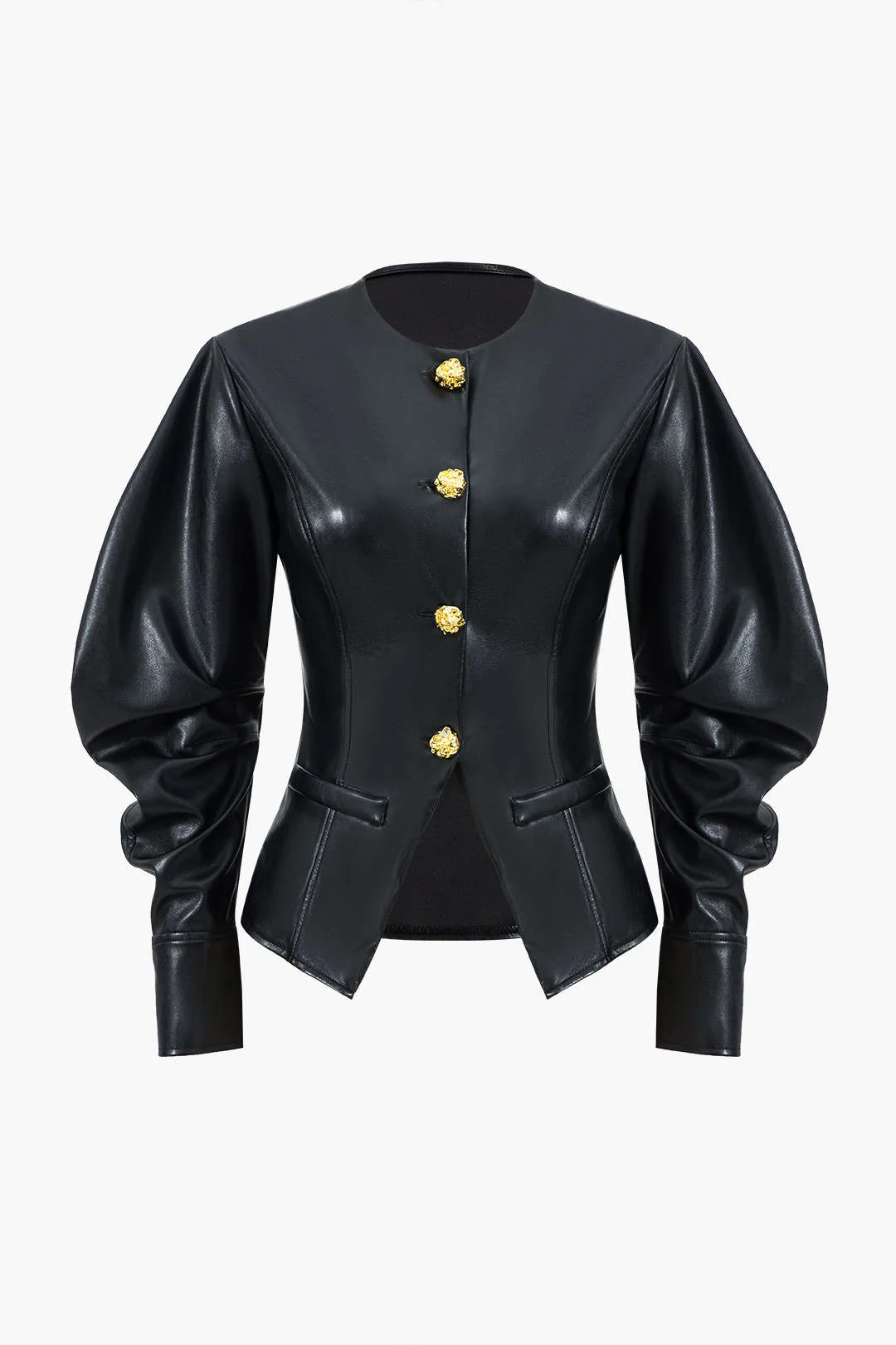 Faux Leather Metallic Button Jacket - Weenar
