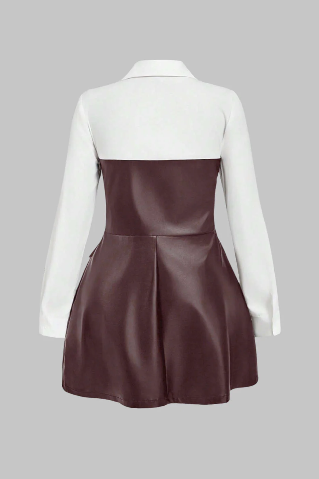 Plus Size Faux Leather Patchwork V-Neck Ruched Long Sleeve Mini Dress - Weenar