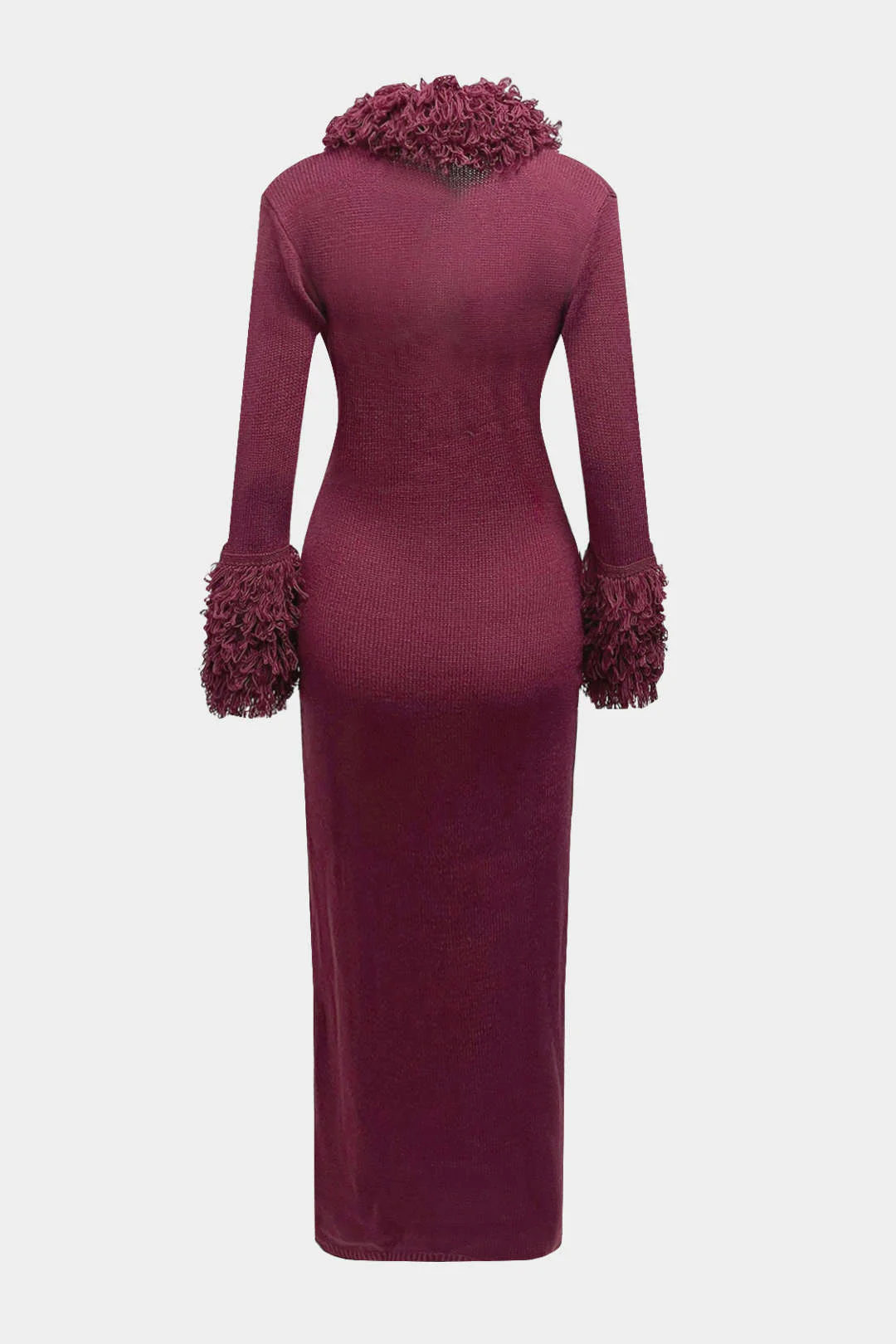 Knit Fringe Trim Deep V-Neck Long Sleeve Dress - Weenar