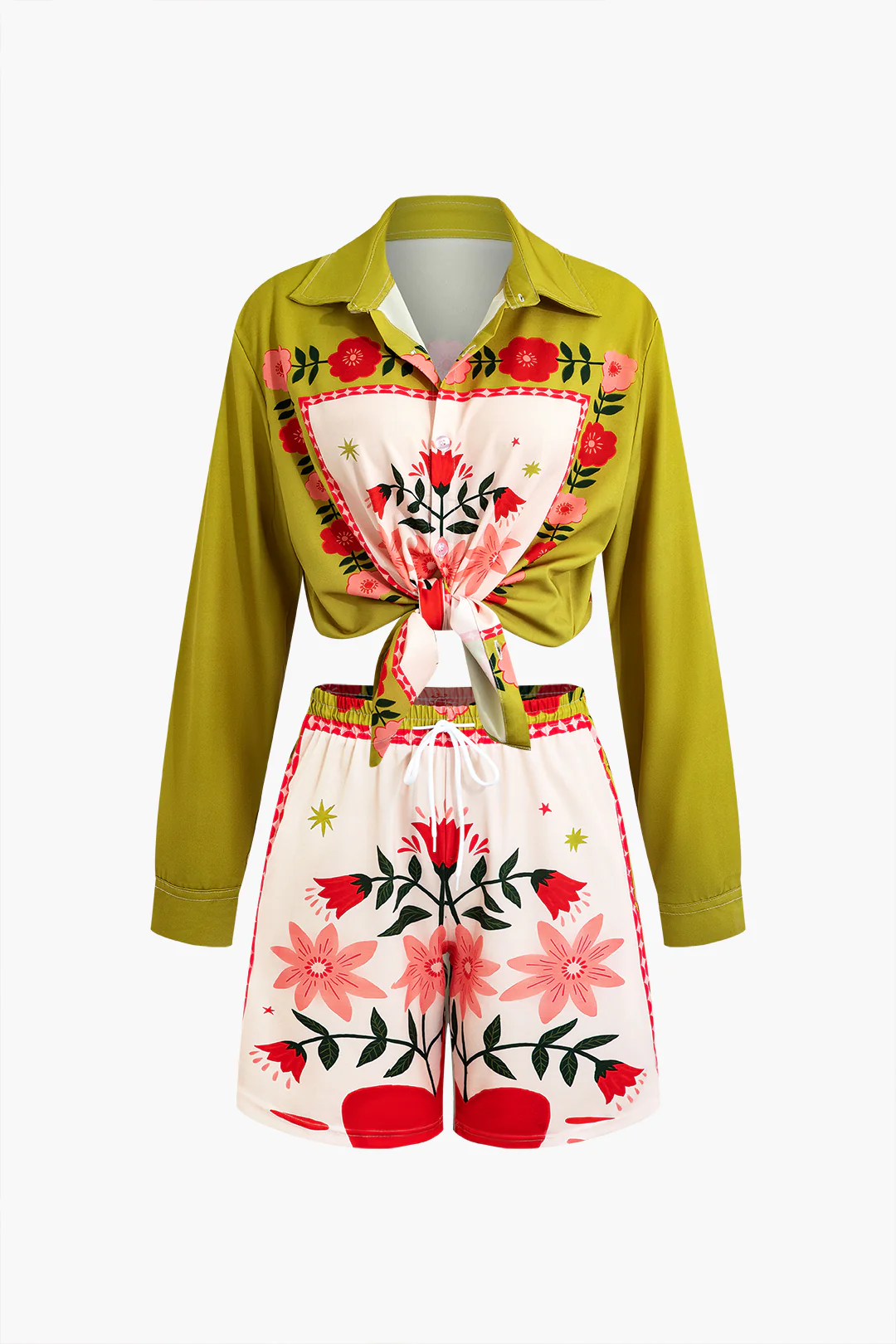 Floral Print Long Sleeve Shirt And Drawstring Shorts Set - Weenar