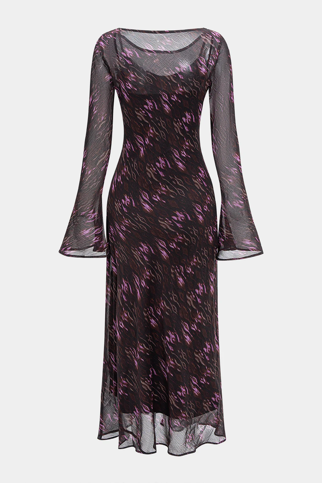 Abstract Leopard Print Chiffon Ruched Long Sleeve Maxi Dress - Weenar
