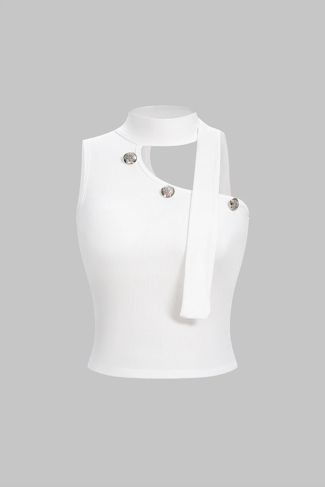 Halter Neck One Shoulder Asymmetrical Button Tank Top With Scarf - Weenar