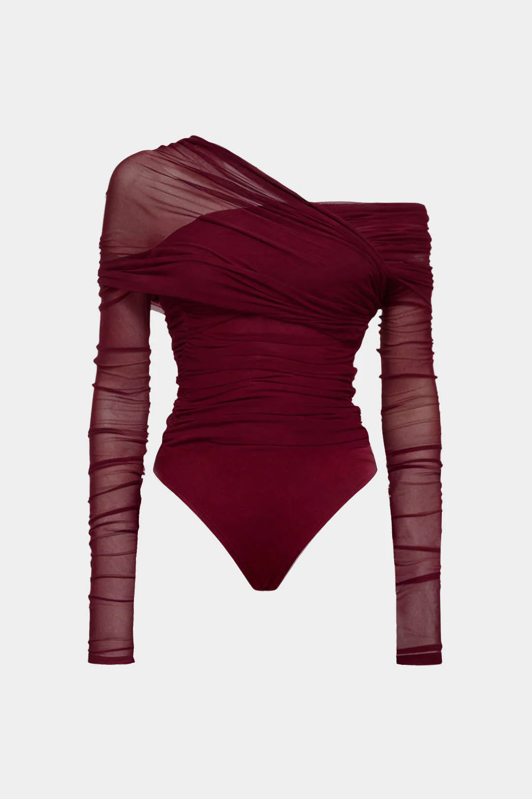 Mesh Ruched One Shoulder Asymmetrical Corssed Ruched Bodysuit - Weenar